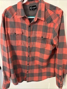 Lucky Brand Men’s Orange & Gray Plaid Button-Down Shirt